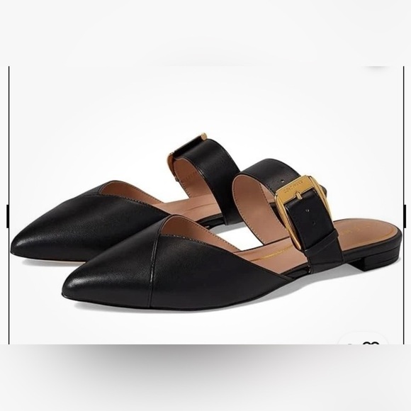 NWOT Cole Haan Vandam gold Buckle flat mules black leather woman’s 9 shoes new - Picture 1 of 8